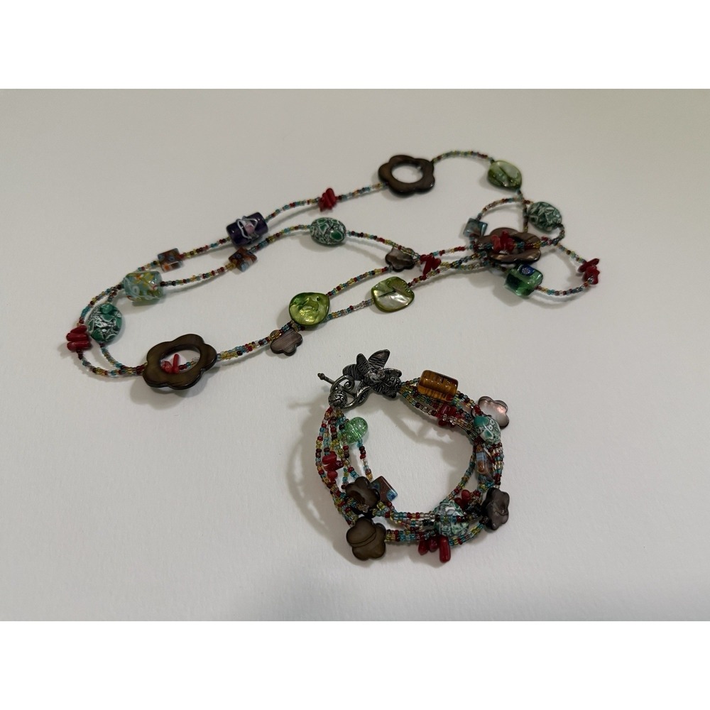 Pretty Boho Glass Bead Multi Strand Bracelet with Long Multicolor Necklace